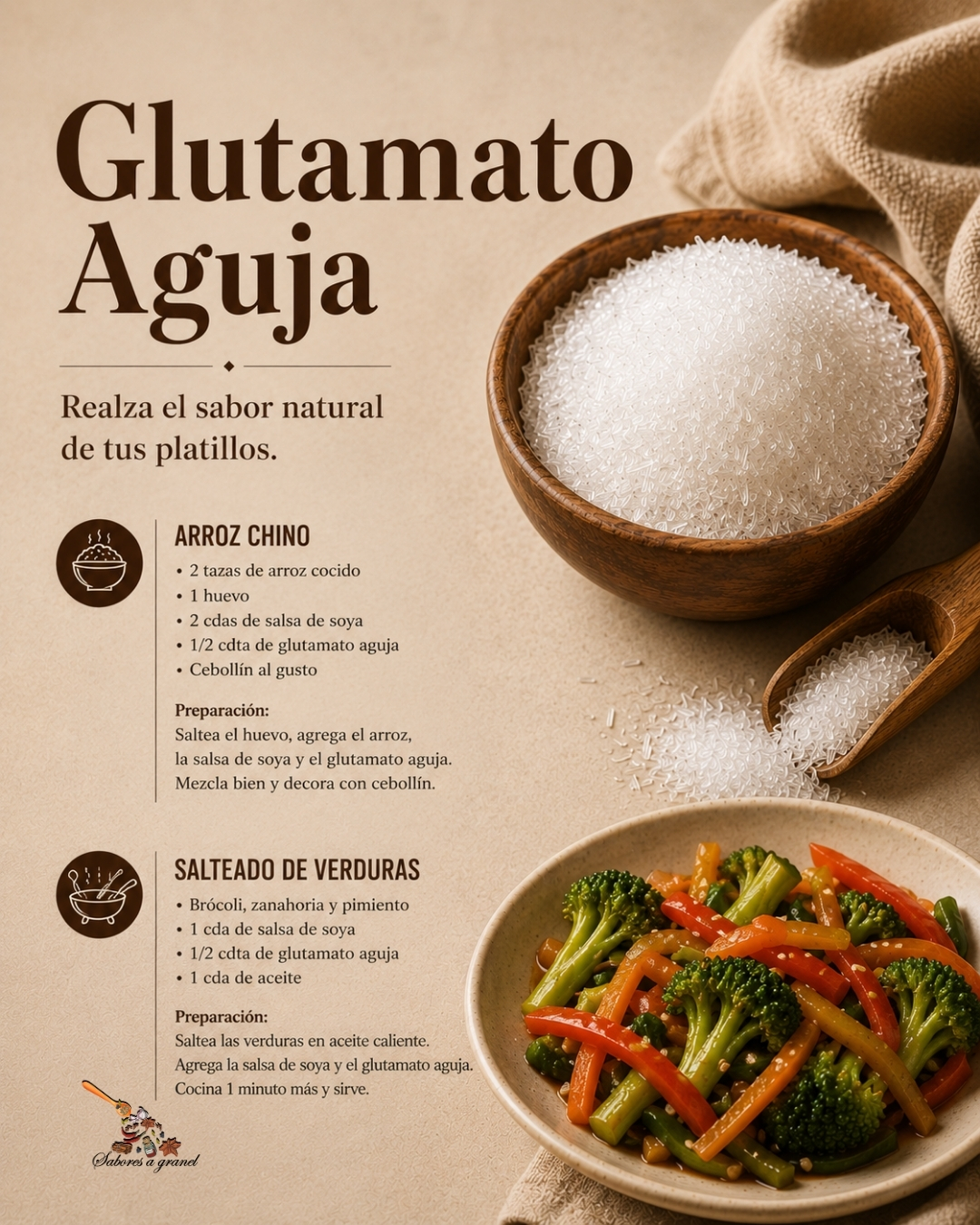 Recetas con Glutamato Aguja: arroz chino y salteado de verduras